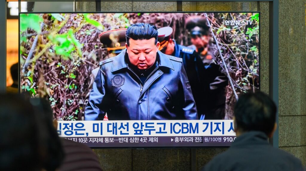 A 24-hour Yonhapnews TV broadcast at Yongsan Railway Station in Seoul showing North Korean leader Kim Jong Un.