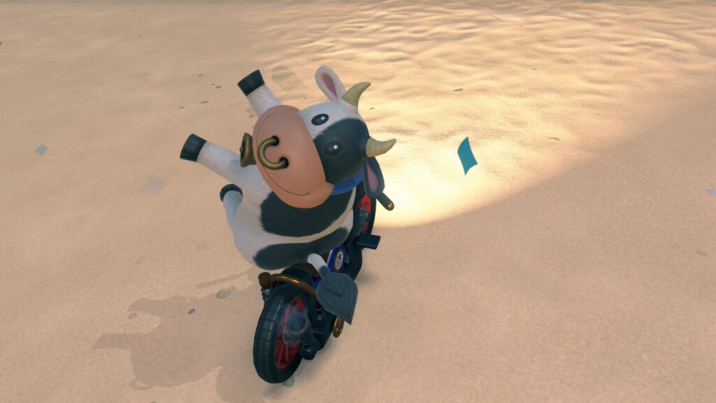 Cow posing for a picture in Mario Kart Tour