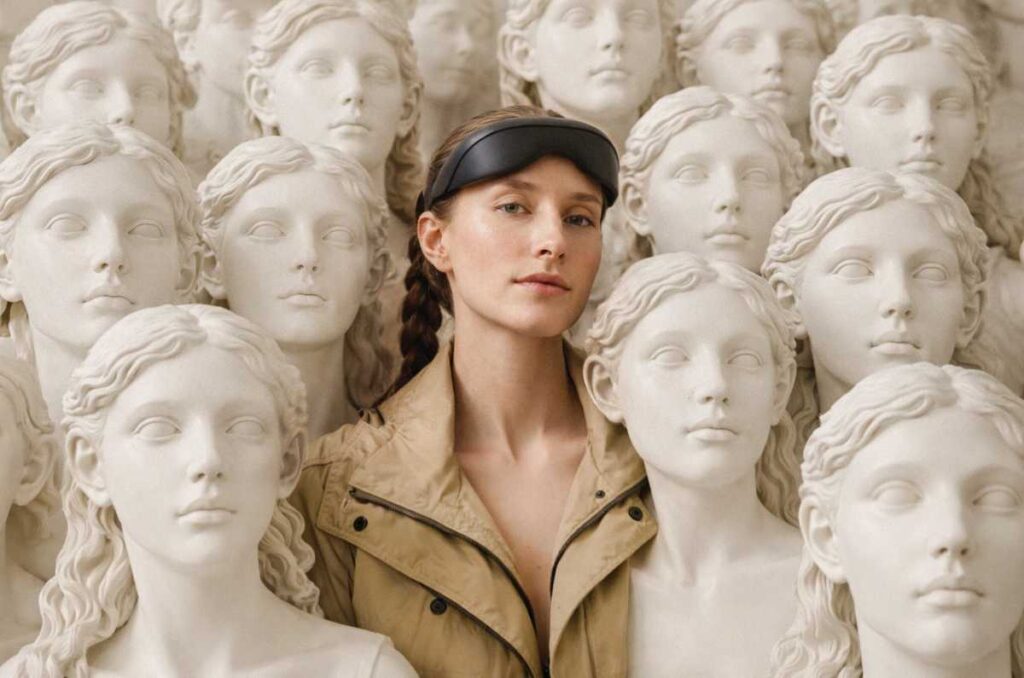 Mave Health aims to improve attention and mood with its brain-stimulating headset woman wearing Mave Health headset posed in array of marble busts