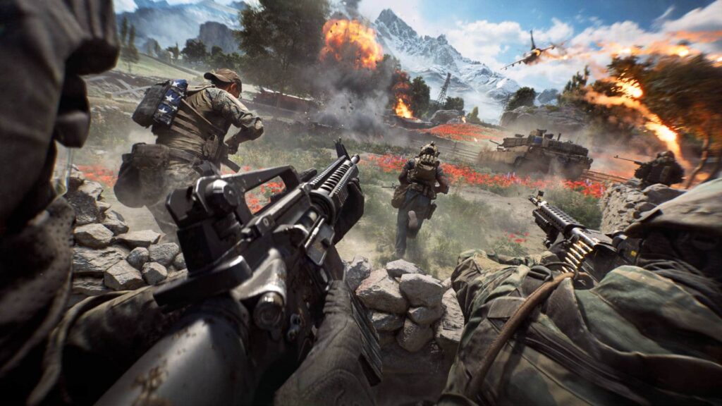 Image of 4 new wepaons in BF6, with the recognisable M16A4 in the center, over looking an active battlefield site.