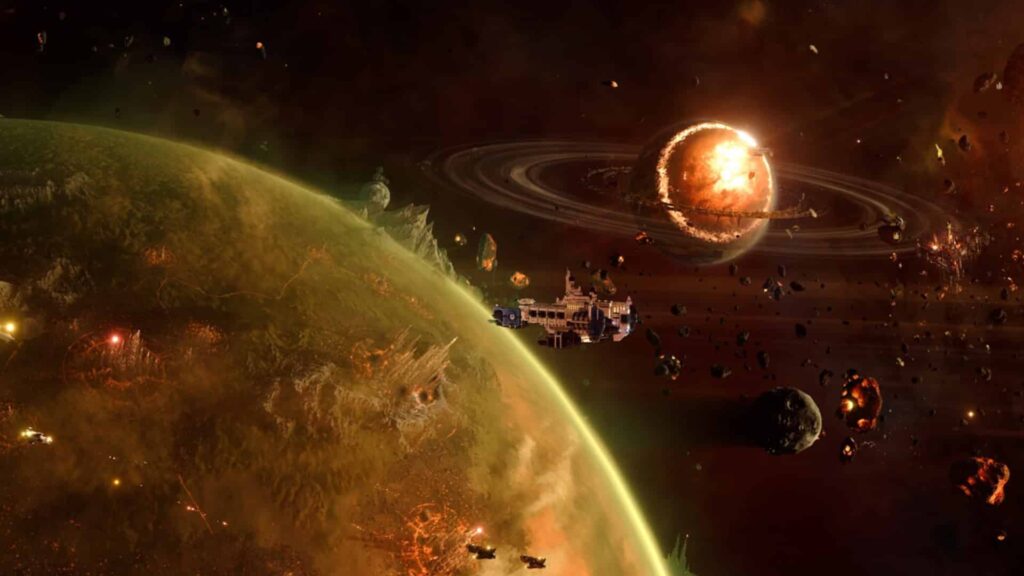 Total War: Warhammer 40,000 could get its world-first gameplay reveal at BiliBili World later today Image of an Astartes ship over a polluted hive world.
