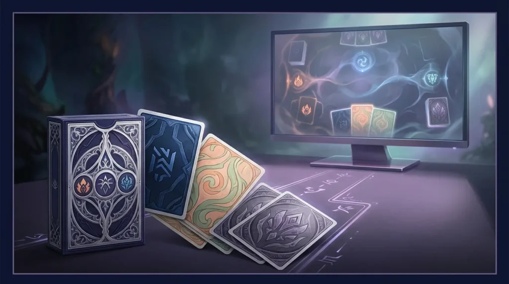 Fantasy card deck leading toward an abstract digital card game on a PC monitor
