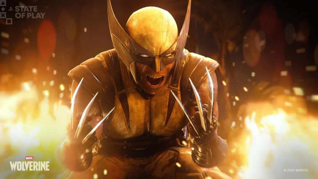 Wolverine in a yellow suit with claws extended, set against a fiery background in Marvel's Wolverine.