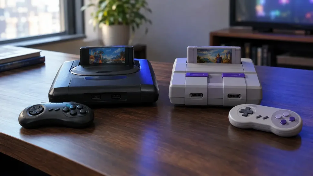 Analogue Mega Sg+ and Super Nt+ Two retro cartridge consoles with a game cartridge and wireless controller on a wooden desk