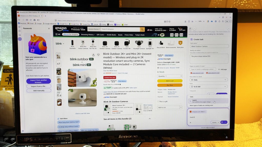 Firefox 159 with passwords sidebar and website change monitoring