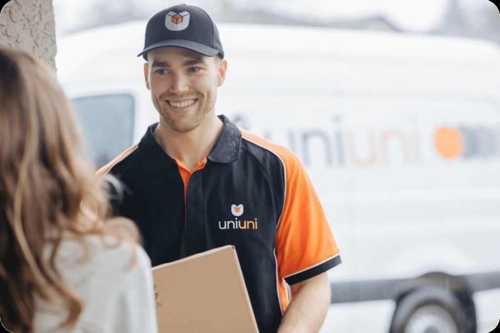 A man in a UniUni uniform delivers a package